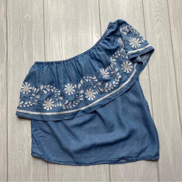 Rebecca Minkoff Women's Rita Denim Blue Chambray One Shoulder Top Size Small - Picture 9 of 10